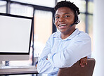 Customer service, happy portrait and black man in call center with computer mockup for website contact. Sales agent, consultant and smile on desktop technology of telecom, consulting and help support