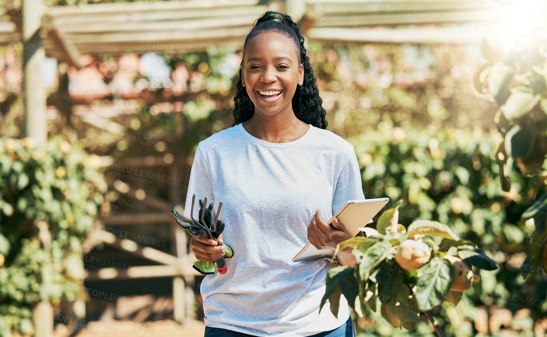 Buy stock photo Black woman, tablet and portrait smile for agriculture, eco friendly or sustainability at farm. Happy African American female with touchscreen and garden tools for sustainable countryside farming