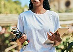 Woman, hands or gardening equipment with tablet for plant growth management, agriculture or sustainability work. Smile, happy or farmer and technology, tools or environment rake for field development