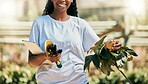 Woman, hands or gardening fruit, quince or tablet equipment for plant growth management or sustainability agriculture. Smile, happy or farmer and technology, food or environment tools for harvesting