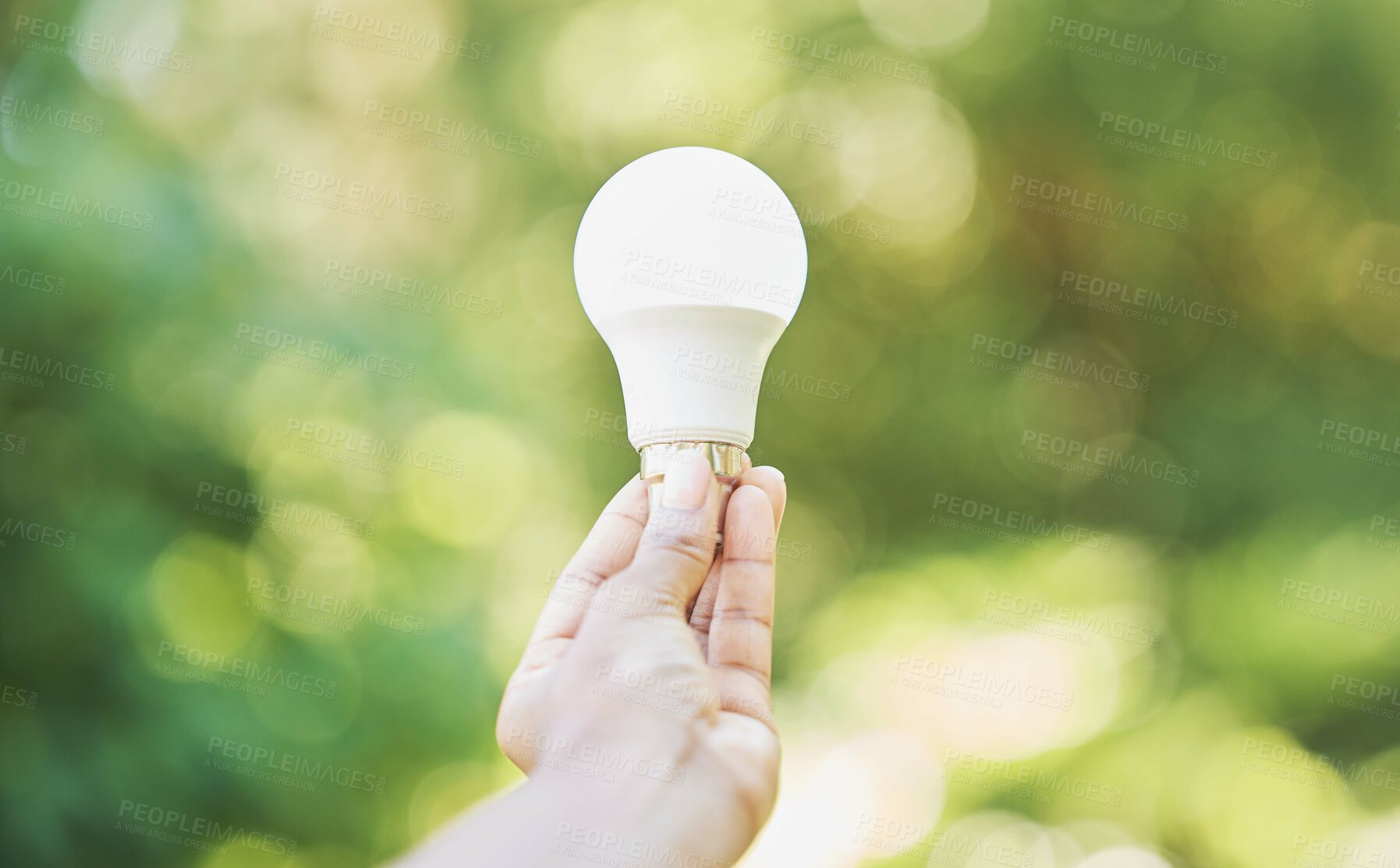 Buy stock photo Outdoor, renewable energy and hand with light bulb, green and power development for positive impact. Holding bulb, eco friendly and nature with carbon footprint, ideas for change and sustainability