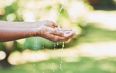 Buy stock photo Outdoor, hands and water for cleaning, hydration and hygiene for care, splash and wellness. Nature, hand and aqua for washing, prevent germs and remove dirt for freshness, environment and outside