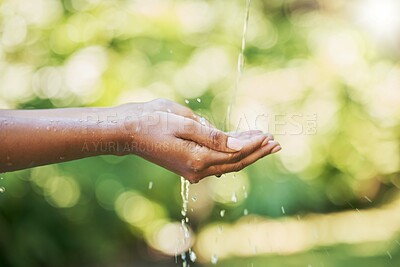 Buy stock photo Hands, water and sustainability or cleaning for hydration, wash or hygiene in care, splash and wellness in nature. Hand of person washing in clean natural aqua liquid to prevent germs or remove dirt