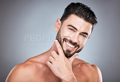 Buy stock photo Skincare, teeth and health, portrait of man with smile, hands on face and beard or dental maintenance. Fitness, spa facial care, happy male model with muscle in studio isolated on grey background.