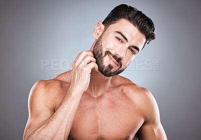 Buy stock photo Skincare, beard care and portrait of man with smile, hands on face and hair maintenance. Fitness, healthy spa facial care and happy male model with strong muscle in studio isolated on grey background