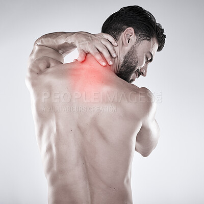 Buy stock photo Fitness, hand or sports man with neck pain after exercise, body training injury or gym workout with injured muscle. Red glow, back view or stressed bodybuilder suffering isolated on studio background