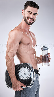 Buy stock photo Fitness, portrait or man with weight scale or water bottle in studio for training, exercise or workout for body goals. Healthy model, energy or happy sports athlete with smile, motivation or wellness