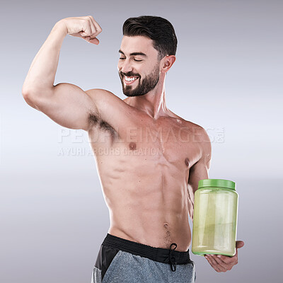 Buy stock photo Protein shake, fitness and muscle with portrait of man for workout, health and bodybuilder. Diet, gym and training with athlete and powder for sports, exercise and nutrition in gray studio background