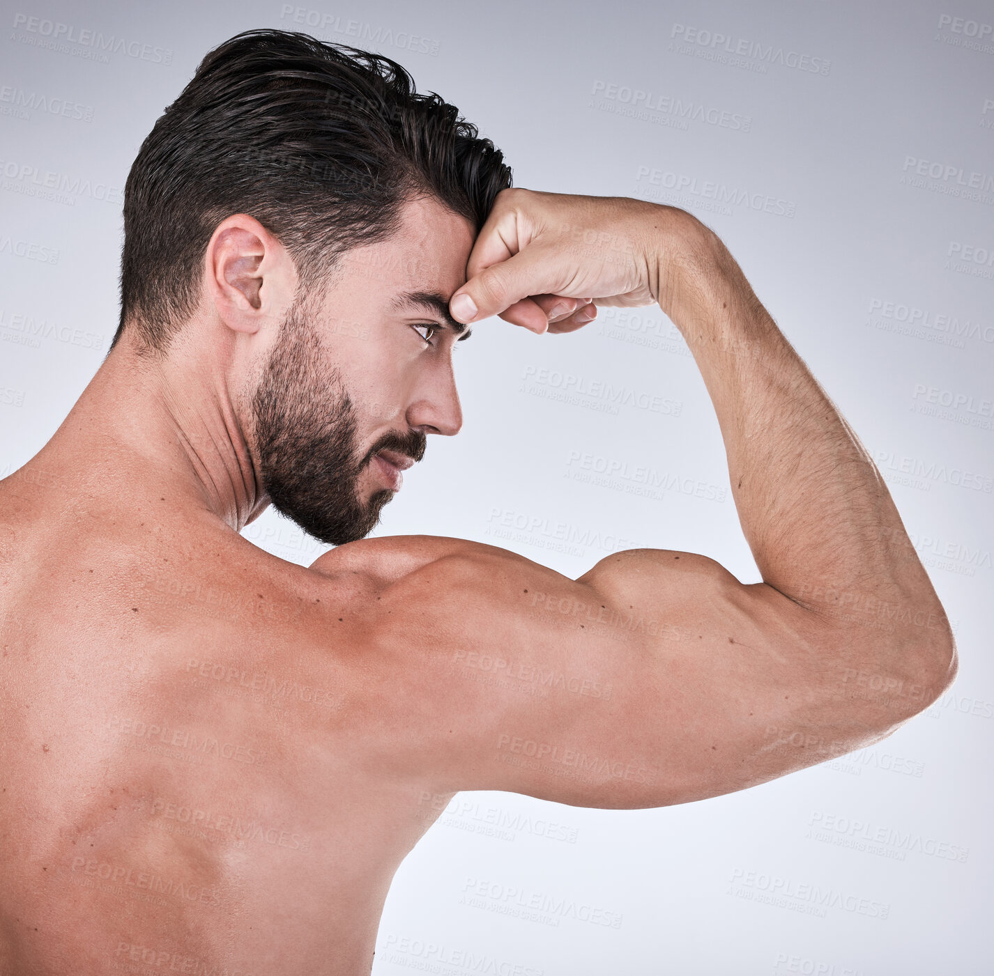 Buy stock photo Arm muscle, man flex with face profile, body with health and fitness, strong person isolated on studio background. Skin, bodybuilder and biceps, wellness and weightlifting with growth from exercise