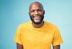 Black man, portrait or laughing on blue background, isolated mockup or wall mock up at comic, funny or comedy joke. Smile, happy face or student in trendy, cool or stylish fashion clothes on backdrop