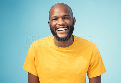 Buy stock photo Black man, portrait or laughing on blue background, isolated mockup or wall mock up at comic, funny or comedy joke. Smile, happy face or student in trendy, cool or stylish fashion clothes on backdrop