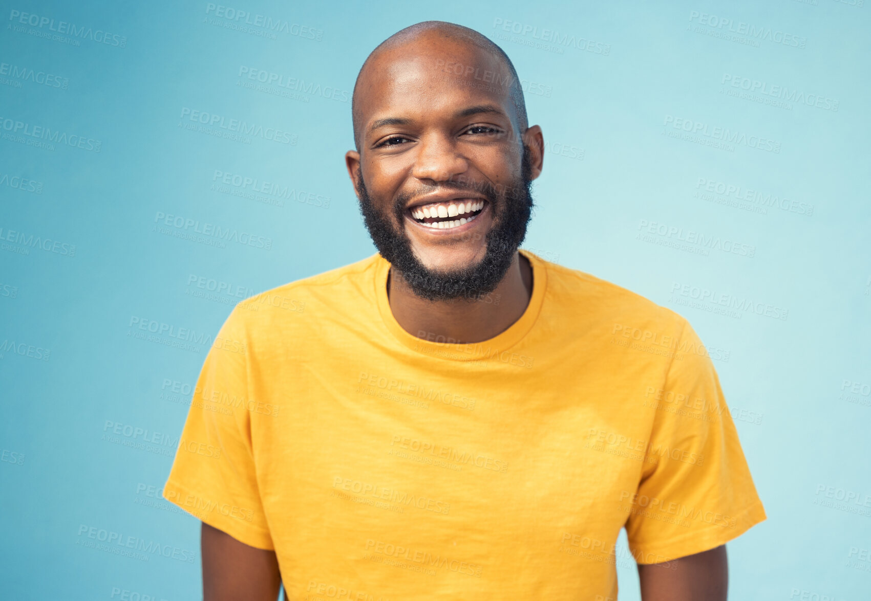 Buy stock photo Black man, portrait or laughing on blue background, isolated mockup or wall mock up at comic, funny or comedy joke. Smile, happy face or student in trendy, cool or stylish fashion clothes on backdrop