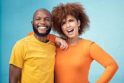 Buy stock photo Couple, portrait or happy bonding on blue background, isolated comic mockup or wall mock up. Smile, black man or afro interracial woman and stylish, trendy or cool fashion clothes for relax urban fun