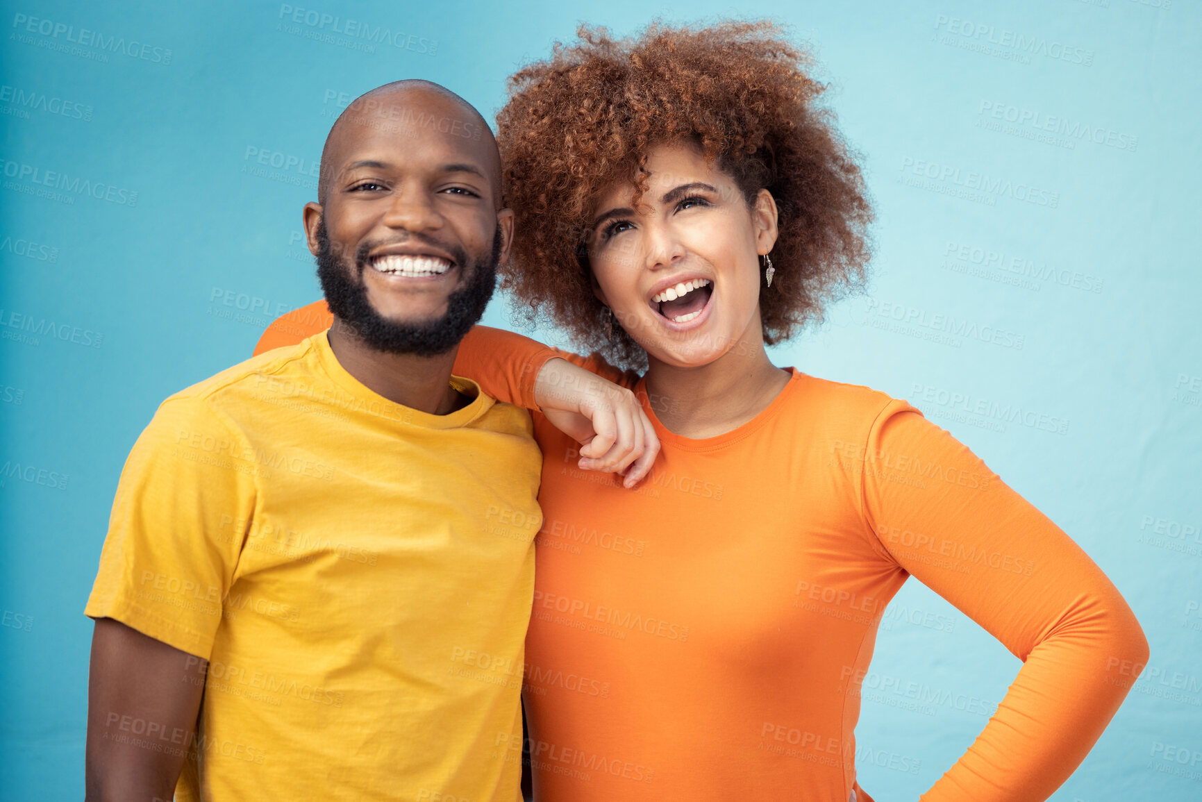 Buy stock photo Couple, portrait or happy bonding on blue background, isolated comic mockup or wall mock up. Smile, black man or afro interracial woman and stylish, trendy or cool fashion clothes for relax urban fun