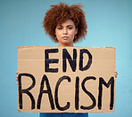 Poster, political and portrait of a woman in a studio for a protest for racism, equality and human rights, Freedom, social justice and female from Mexico with a sign for a rally by a blue background.