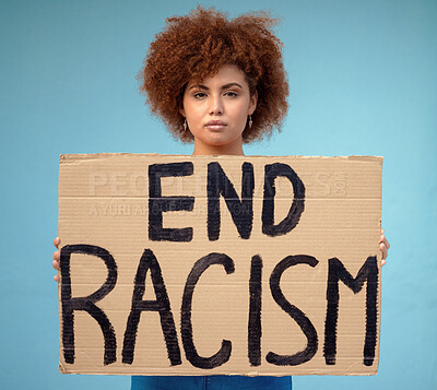 Buy stock photo Poster, political and portrait of a woman in a studio for a protest for racism, equality and human rights, Freedom, social justice and female from Mexico with a sign for a rally by a blue background.