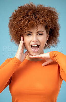 Buy stock photo Confident, happy and portrait of a woman with hands for frame isolated on a blue background. Smile, crazy and face of an African girl with a wow facial expression, excited and funny on a backdrop