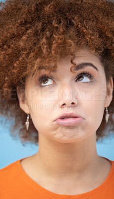 Buy stock photo Comic, thinking and sad face of woman on blue background upset, unhappy and looking up in studio. Emotion mindset, mental health and emoji facial expression of girl thoughtful, attitude and depressed