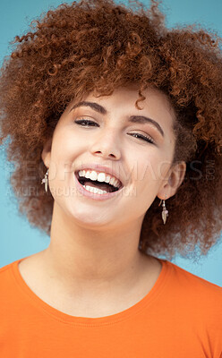 Buy stock photo Portrait, black woman and smile for achievement, celebration and confident girl on blue studio background. Face, happy African American female and lady with happiness, joyful or cheerful with success