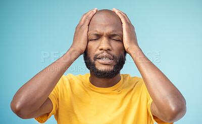 Buy stock photo Fail, mistake and mental health with a black man in studio on a blue background feeling stress or anxiety. Compliance, burnout and oops with a handsome young man posing hands on head on a pastel wall