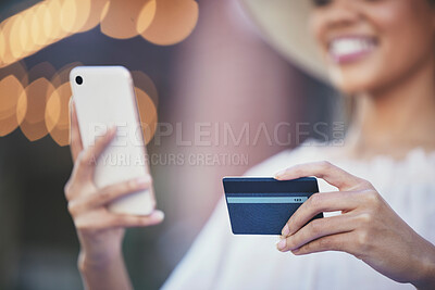 Buy stock photo Woman, hands and phone with credit card for online shopping, ecommerce or purchase in the city. Hand of happy female shopper holding smartphone for internet banking app, 5G connection or transaction