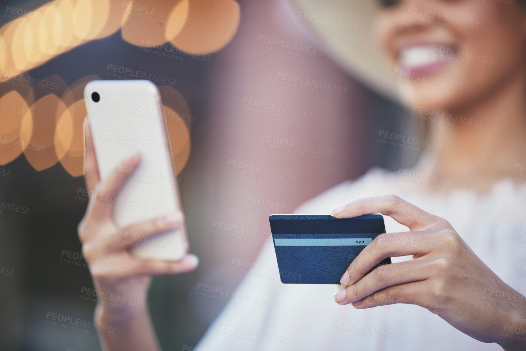 Buy stock photo Woman, hands and phone with credit card for online shopping, ecommerce or purchase in the city. Hand of happy female shopper holding smartphone for internet banking app, 5G connection or transaction