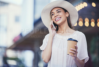 Buy stock photo Woman, phone call and coffee on a city road for communication, travel and 5g network. Happy fashion hat person outdoor for urban journey, contact or conversation with smartphone and bokeh mockup