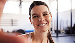Woman, face and smile in gym selfie with fitness, happy and healthy with mockup space and sport motivation. Portrait, happiness in picture and wellness with health and active lifestyle with sports