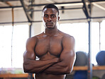 Fitness, portrait and man at gym proud, training or empowered mindset on blurred background. Bodybuilder, attitude and face of black guy with motivation for body goal, exercise or workout performance