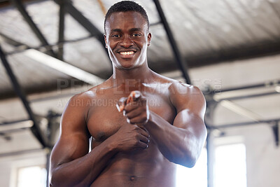 Buy stock photo Portrait, muscular and black man pointing, motivation and guy with happiness, focus and determined with endurance. Face, male athlete and bodybuilder with inspiration, Ghana and training for fitness