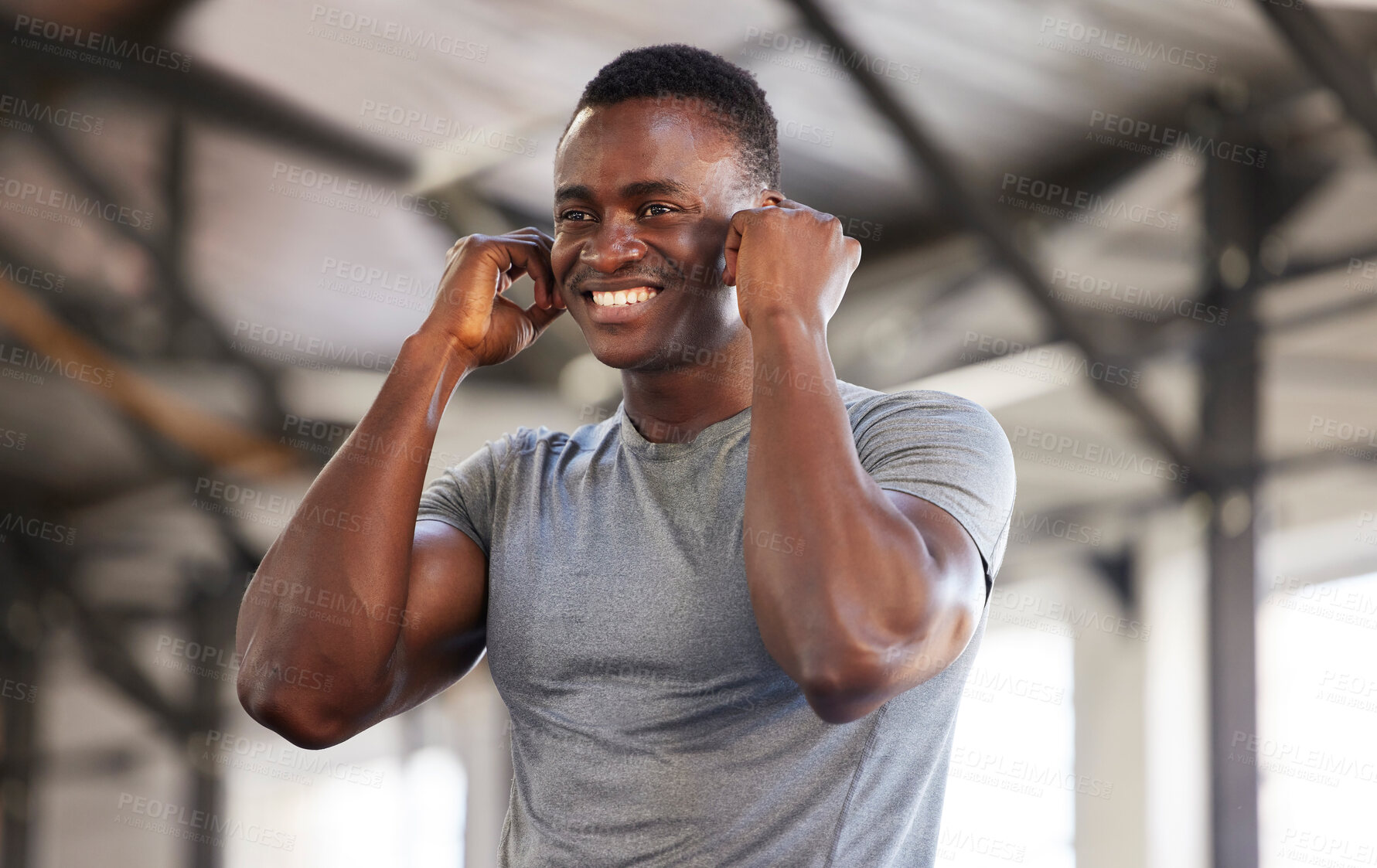 Buy stock photo Music, exercise and man at gym with earphones while training, cardio and fitness on mockup background. Radio, workout and black guy listening to podcast, track or audio at sports center for routine 