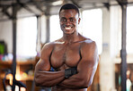Happy, fitness and portrait of man at gym proud, smile and relax with empowered, mindset and blurred background. Face, bodybuilder and positivity by black guy training, workout and exercise routine