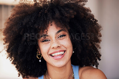 Buy stock photo Happy, smile and portrait of a woman with an afro with a positive, good and optimistic mindset. Happiness, beauty and face of a excited beautiful female smiling from Brazil with natural healthy hair.