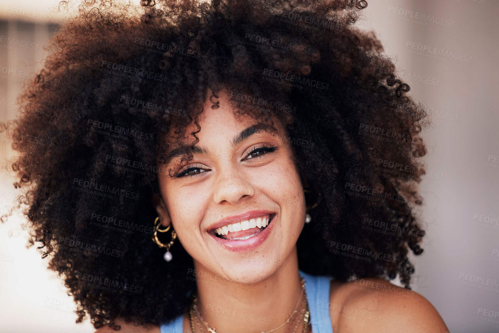 Buy stock photo Happy, smile and portrait of a woman with an afro with a positive, good and optimistic mindset. Happiness, beauty and face of a excited beautiful female smiling from Brazil with natural healthy hair.