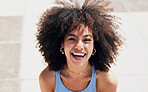 Black woman, happy in portrait with fashion and beauty outdoor, street style with natural hair, makeup and jewelry. Freedom, happiness and mockup with afro, person in city with mindset and glow