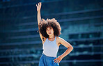 Black woman, stretching arms and fitness portrait outdoor with focus, commitment and mindset. Young gen z girl, urban athlete and training with motivation, wellness and healthy strong body for goals