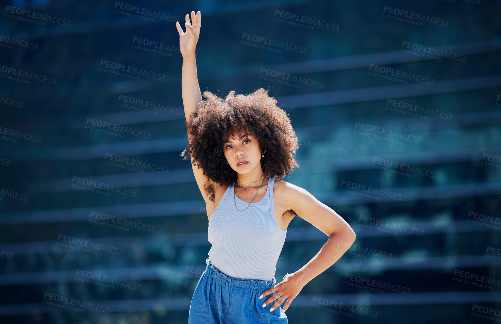 Buy stock photo Black woman, stretching arms and fitness portrait outdoor with focus, commitment and mindset. Young gen z girl, urban athlete and training with motivation, wellness and healthy strong body for goals