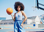 Basketball, fashion and portrait of black woman in city with attitude, urban style and trendy clothes on court. Sports, fitness and girl model outdoors with ball for freedom, energy and cool outfit