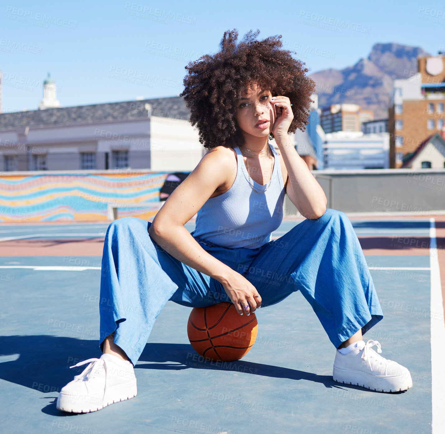 Buy stock photo Basketball, fashion and portrait of black woman on court floor with trendy, urban style and edgy clothes in city. Sports, fitness and girl model outdoors with ball for freedom, energy and cool outfit