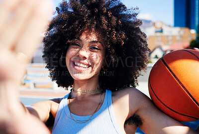 Buy stock photo Basketball court, fashion and selfie portrait of black woman with trendy outfit, urban style and edgy clothes. Sports, fitness and hand frame of girl with ball for freedom, energy and happy in city