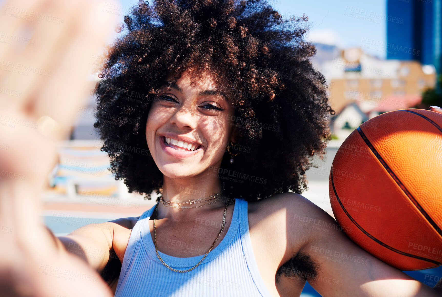 Buy stock photo Basketball court, fashion and selfie portrait of black woman with trendy outfit, urban style and edgy clothes. Sports, fitness and hand frame of girl with ball for freedom, energy and happy in city