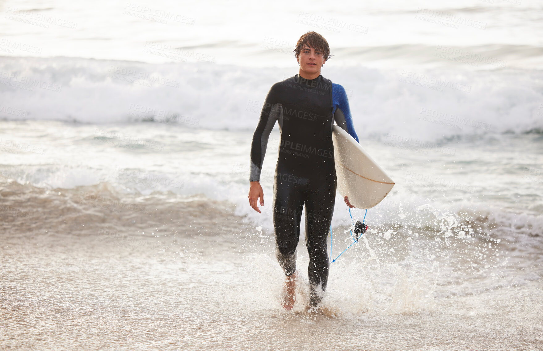 Buy stock photo Summer, surfing and portrait of a man at the beach for water sports, relaxation and holiday in Bali. Sporty, training and surfer with a board for exercise, ocean break and activity on a vacation