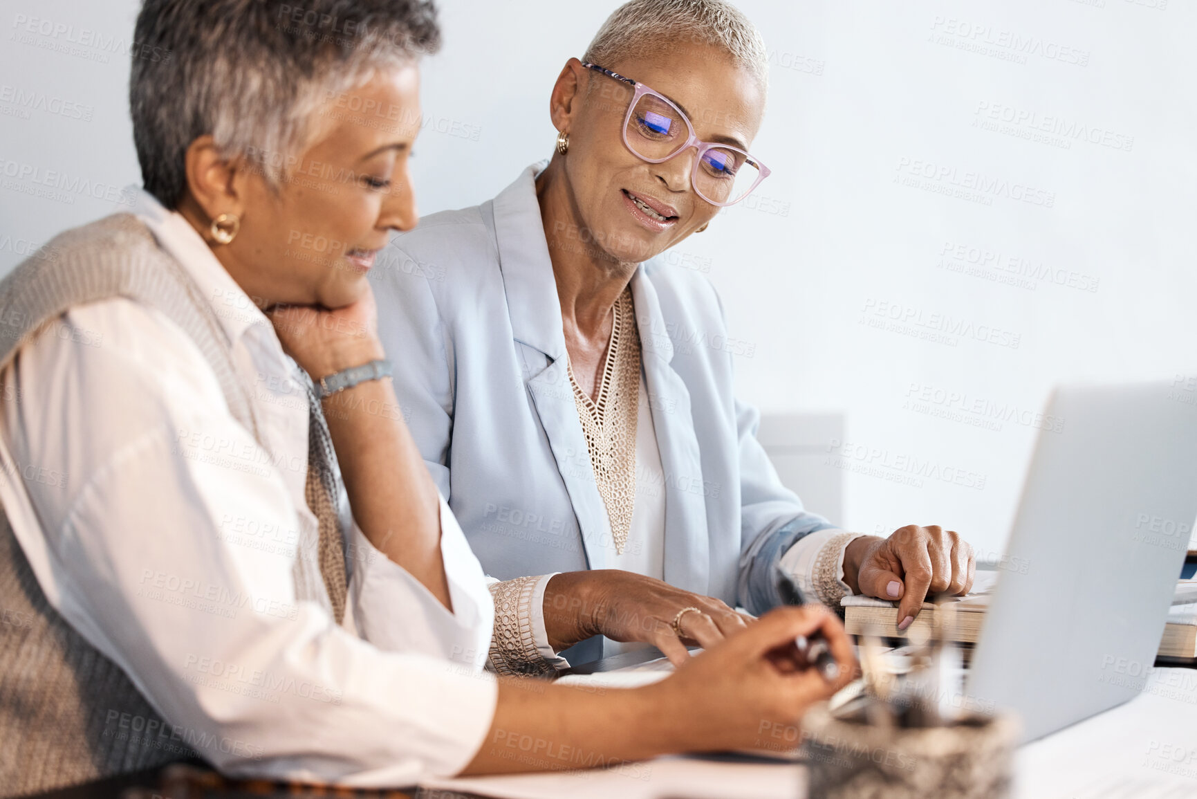 Buy stock photo Laptop, documents or teamwork with a woman architect and designer working together in the office. Computer, planning or collaboration with a female architecture professional and colleague at work