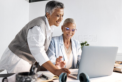 Buy stock photo Laptop, collaboration and support with a woman manager training an employee in the office at work. Computer, teamwork and help with a female coach or supervisor at an employee desk for assistance