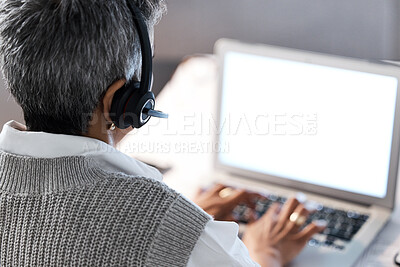 Buy stock photo Call center, customer support and back of woman with laptop typing report, client review and feedback. Telemarketing, crm company and senior worker on computer for help, advice and hotline service