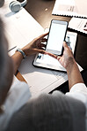 Mockup, holding and woman reading on a phone screen, communication and email at work. Contact, information and above of a business employee with a mobile for an app, internet and online branding