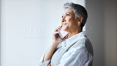 Buy stock photo Happy, phone call and smile with business woman and thinking for networking, planning and communication. Contact, news and connection with senior ceo and mobile for target, deal and technology