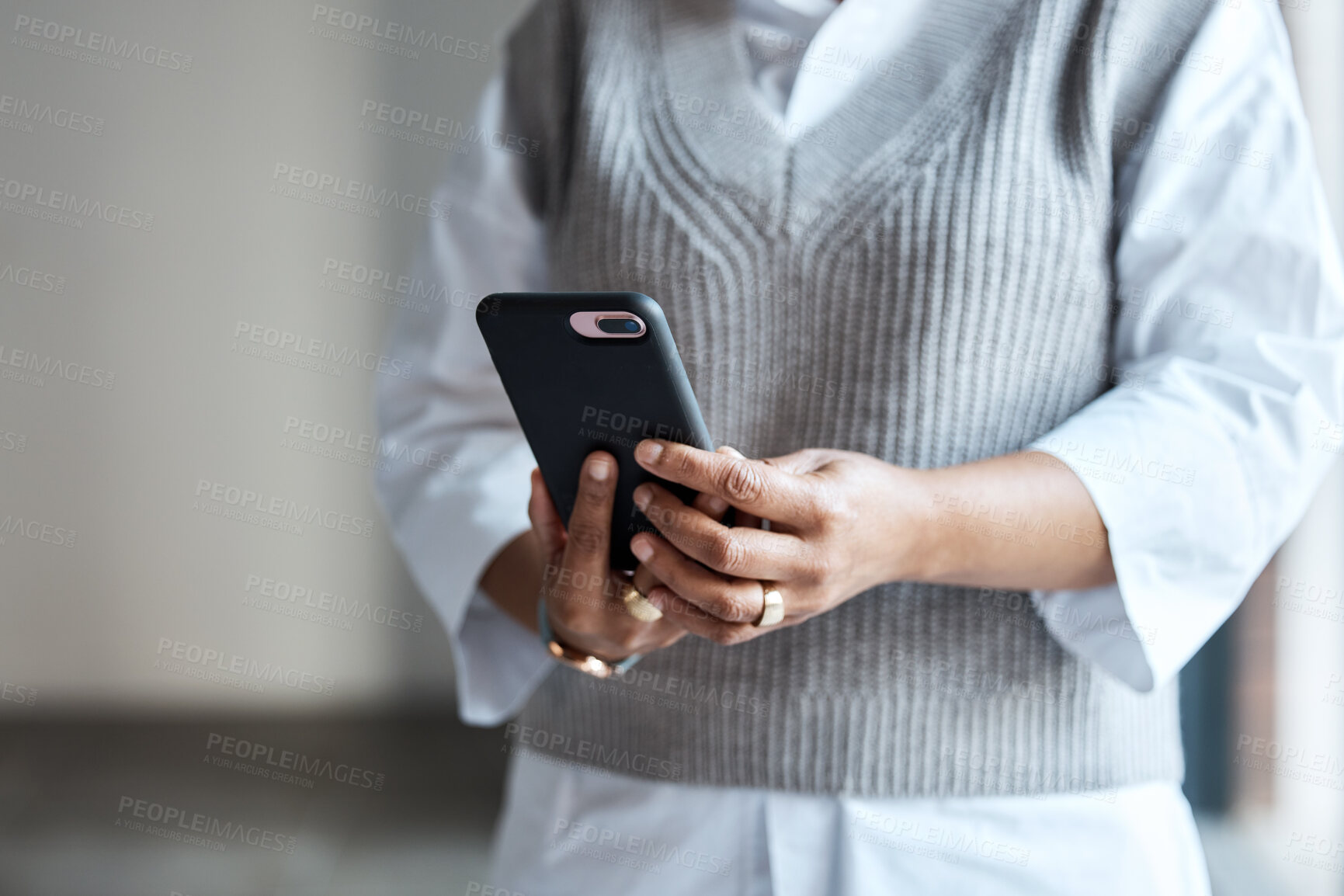 Buy stock photo Communication, email and hands of an employee with a phone for social media and work contact. Website, connection and business worker reading on a mobile for an app, internet and chat online