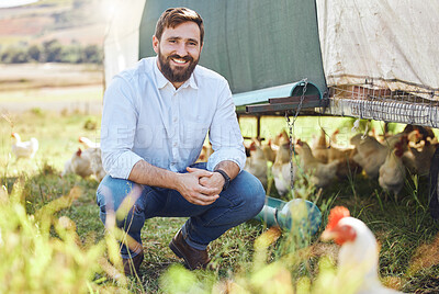 Buy stock photo Portrait, man on farm with chicken and agriculture, smile outdoor with poultry livestock with sustainability. Happiness, farming and environment, animal and farmer with organic free range product