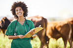 Vet doctor or black woman with cattle farming, agriculture or food industry for healthcare check, inspection and portrait. Professional african person or animal expert with cow paperwork or checklist
